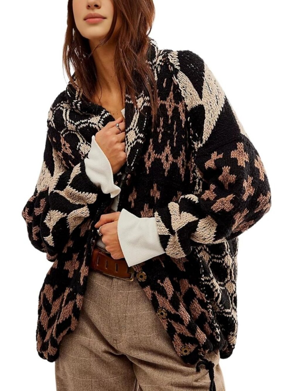 Oversized Y2K Graphic Knit Cardigan - Long Sleeve Button Down Sweater Coat
